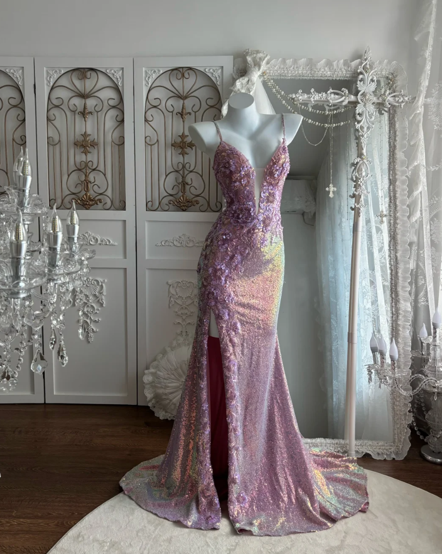 Glittering Spaghetti Straps Prom Dress Purple Sequins Slit Mermaid Evening Dress GG7454