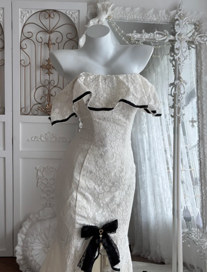 Unique Off-Shoulder White Lace Prom Dress Bow Ruffles Slit Mermaid Evening Dress GG7458