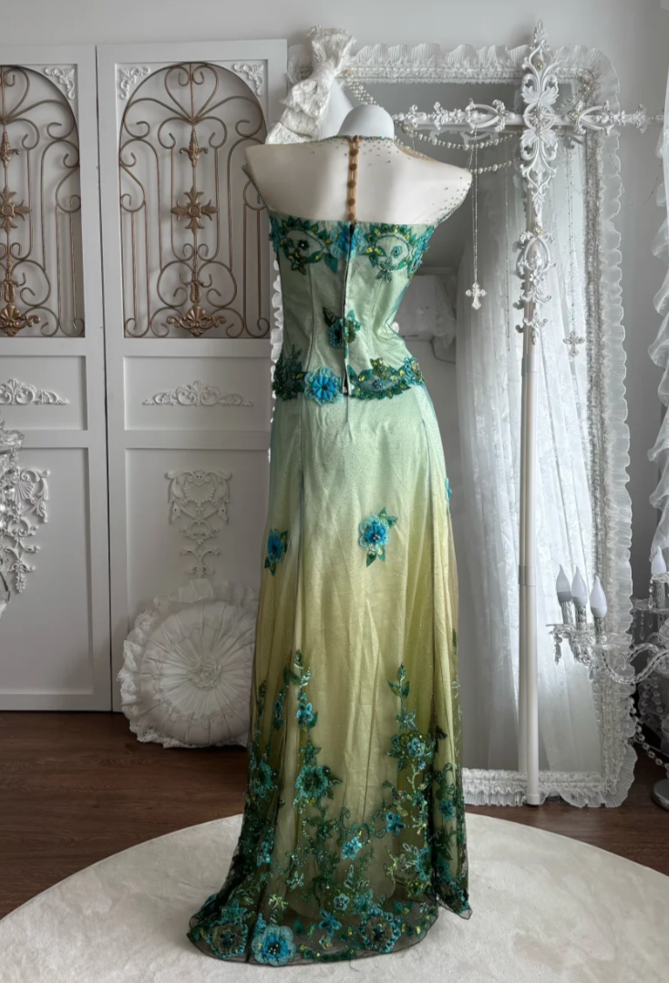 Retro Illusion Neck Green Prom Dress Sequins Appliques 2-Piece Sheath Evening Dress GG7459