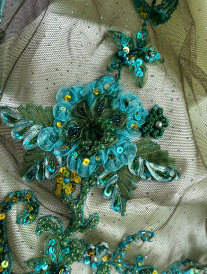 Retro Illusion Neck Green Prom Dress Sequins Appliques 2-Piece Sheath Evening Dress GG7459