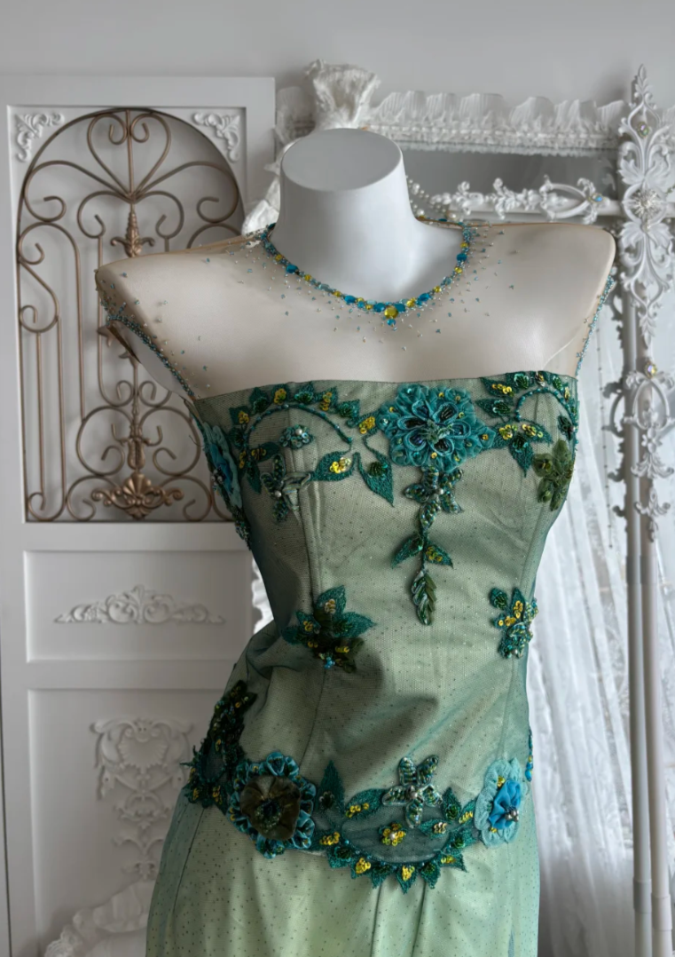 Retro Illusion Neck Green Prom Dress Sequins Appliques 2-Piece Sheath Evening Dress GG7459