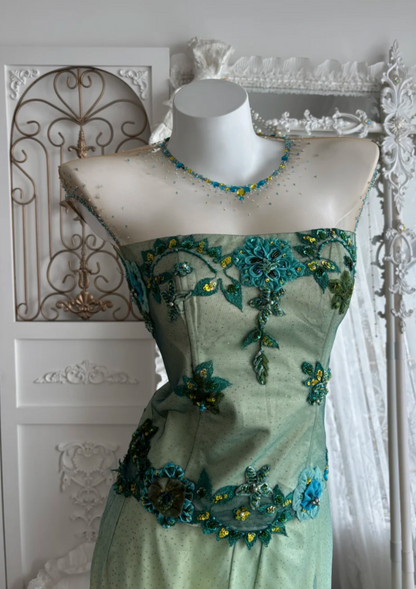 Retro Illusion Neck Green Prom Dress Sequins Appliques 2-Piece Sheath Evening Dress GG7459