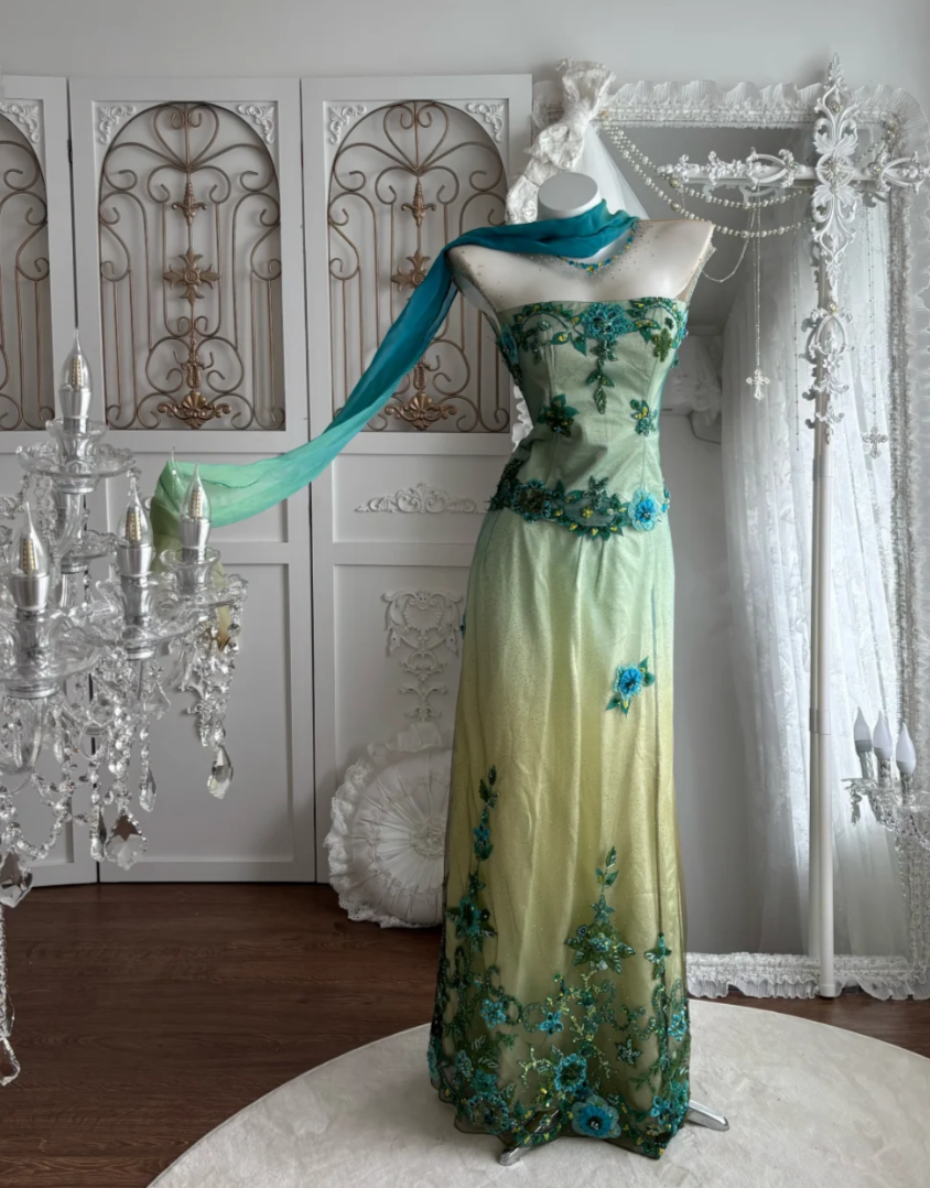 Retro Illusion Neck Green Prom Dress Sequins Appliques 2-Piece Sheath Evening Dress GG7459