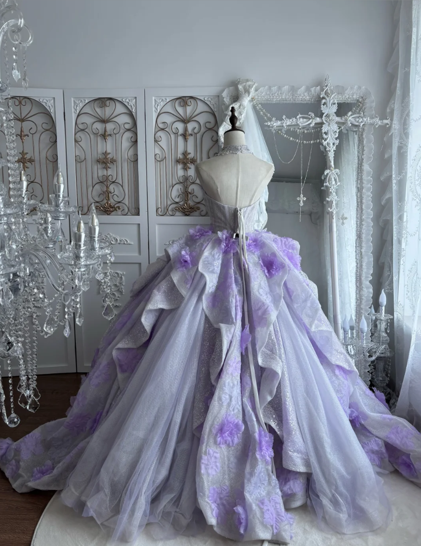 Romantic Strapless Appliques Purple Prom Dress Sequins Ruffles A-Line Evening Dress GG7465