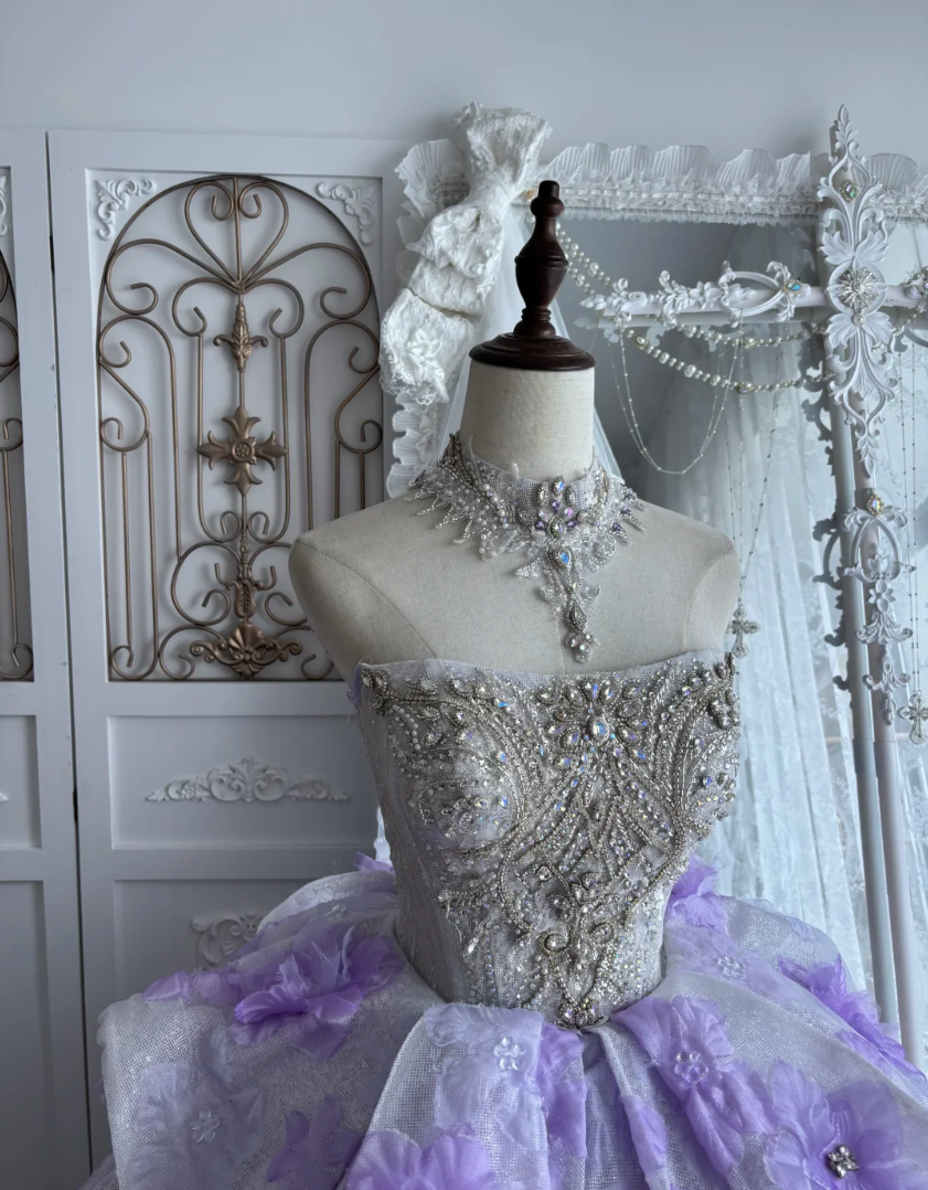 Romantic Strapless Appliques Purple Prom Dress Sequins Ruffles A-Line Evening Dress GG7465