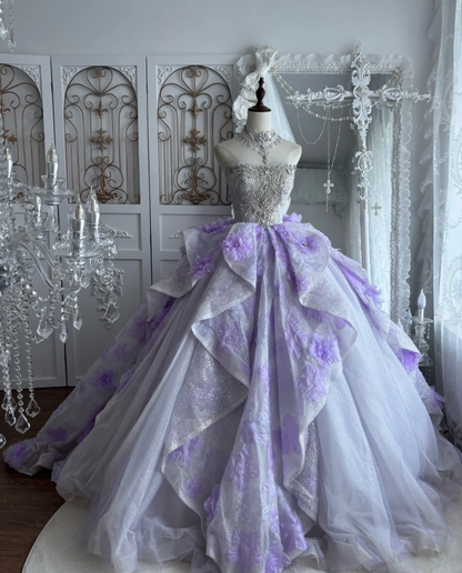 Romantic Strapless Appliques Purple Prom Dress Sequins Ruffles A-Line Evening Dress GG7465