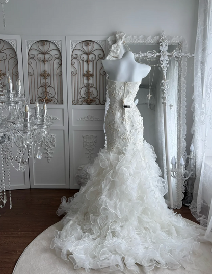Alluring Strapless Wedding Dress Floral Sequins Ruffles Mermaid Bridal Dress GG7466