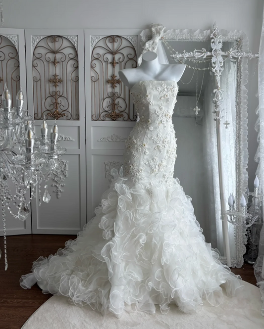 Alluring Strapless Wedding Dress Floral Sequins Ruffles Mermaid Bridal Dress GG7466