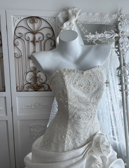 Classical Strapless Sequins Wedding Dress Handmade Flowers Tiered Mermaid Bridal Dress GG7469