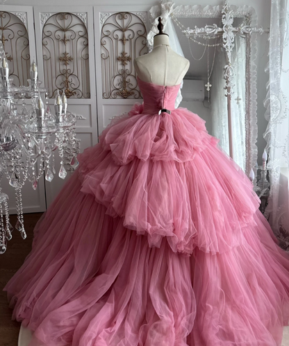 Fascinating Strapless Floral Prom Dress Pink Tulle A-Line Evening Dress GG7471
