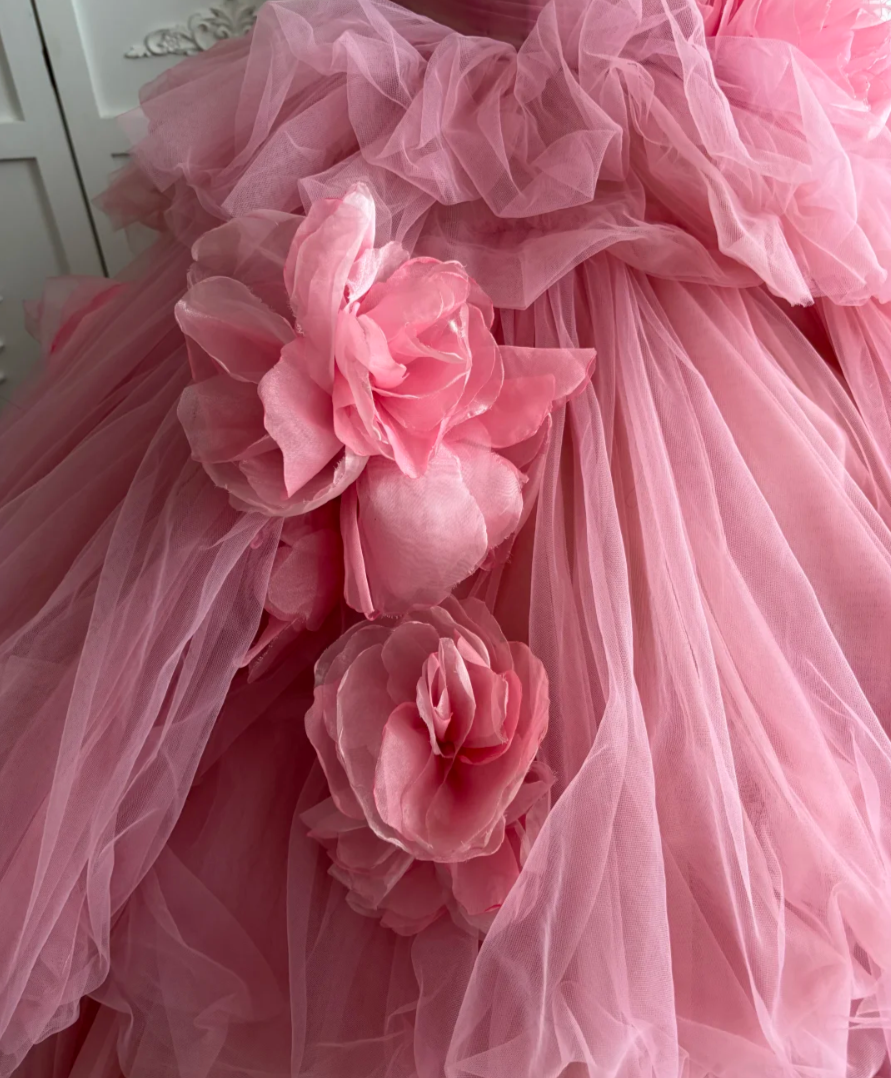 Fascinating Strapless Floral Prom Dress Pink Tulle A-Line Evening Dress GG7471