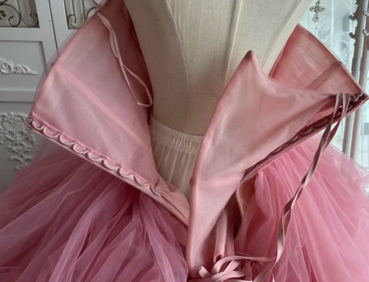 Fascinating Strapless Floral Prom Dress Pink Tulle A-Line Evening Dress GG7471