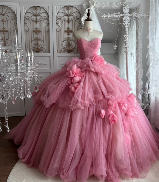 Fascinating Strapless Floral Prom Dress Pink Tulle A-Line Evening Dress GG7471