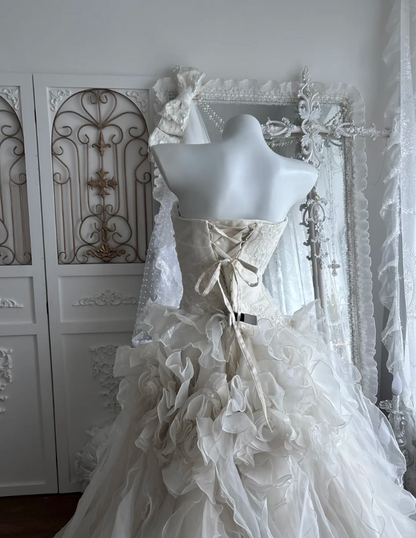 Graceful Strapless Ruffles Wedding Dress Appliques Sequins Floral A-Line Bridal Dress GG7474