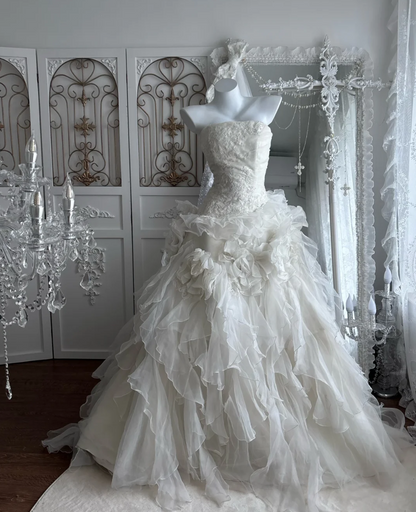 Graceful Strapless Ruffles Wedding Dress Appliques Sequins Floral A-Line Bridal Dress GG7474