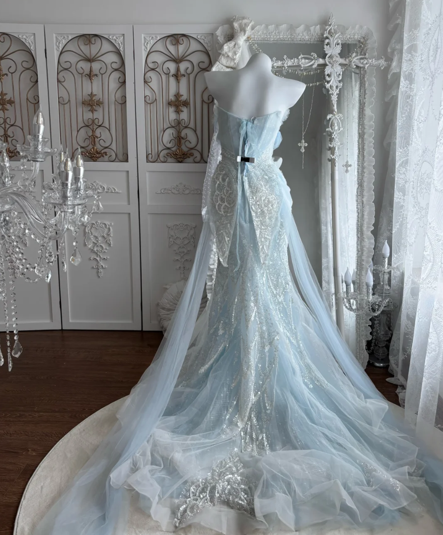 Attractive Strapless Blue Prom Dress Sequins Tulle 3D Floral Mermaid Evening Dress GG7475