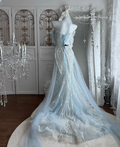 Attractive Strapless Blue Prom Dress Sequins Tulle 3D Floral Mermaid Evening Dress GG7475