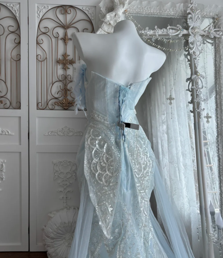 Attractive Strapless Blue Prom Dress Sequins Tulle 3D Floral Mermaid Evening Dress GG7475
