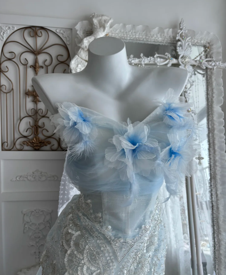 Attractive Strapless Blue Prom Dress Sequins Tulle 3D Floral Mermaid Evening Dress GG7475