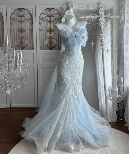 Attractive Strapless Blue Prom Dress Sequins Tulle 3D Floral Mermaid Evening Dress GG7475