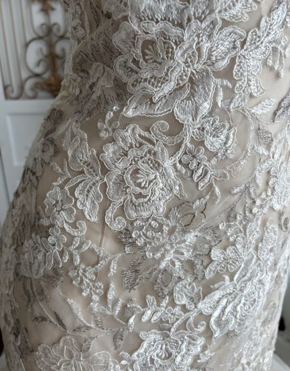Glam Strapless Beige Prom Dress Appliques Tulle Mermaid Evening Dress GG7476
