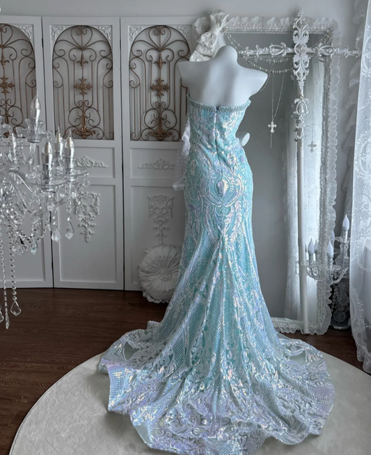 Charming Sweetheart Blue Prom Dress Sequins Beading Mermaid Evening Dress GG7477