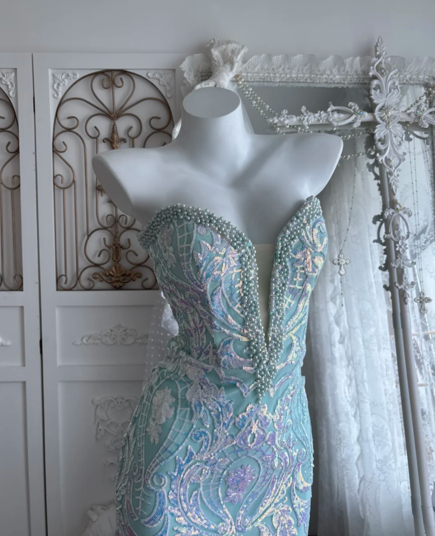 Charming Sweetheart Mint Green Prom Dress Sequins Beading Mermaid Evening Dress GG7477