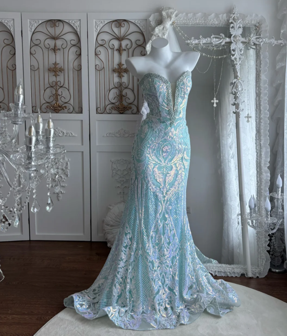 Charming Sweetheart Mint Green Prom Dress Sequins Beading Mermaid Evening Dress GG7477