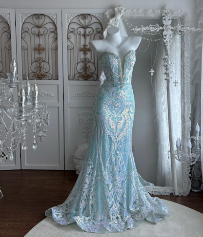 Charming Sweetheart Mint Green Prom Dress Sequins Beading Mermaid Evening Dress GG7477