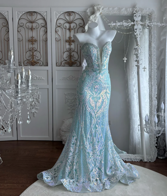 Charming Sweetheart Blue Prom Dress Sequins Beading Mermaid Evening Dress GG7477