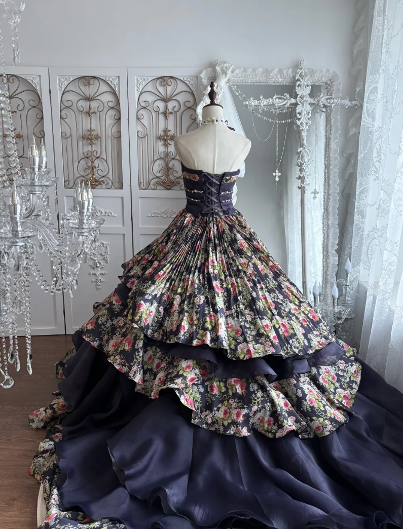 Vintage Strapless Floral Prom Dress Black Beads A-Line Evening Dress GG7478