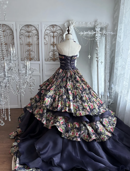 Vintage Strapless Floral Prom Dress Black Beads A-Line Evening Dress GG7478