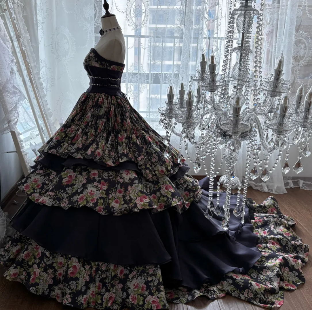 Vintage Strapless Floral Prom Dress Black Beads A-Line Evening Dress GG7478