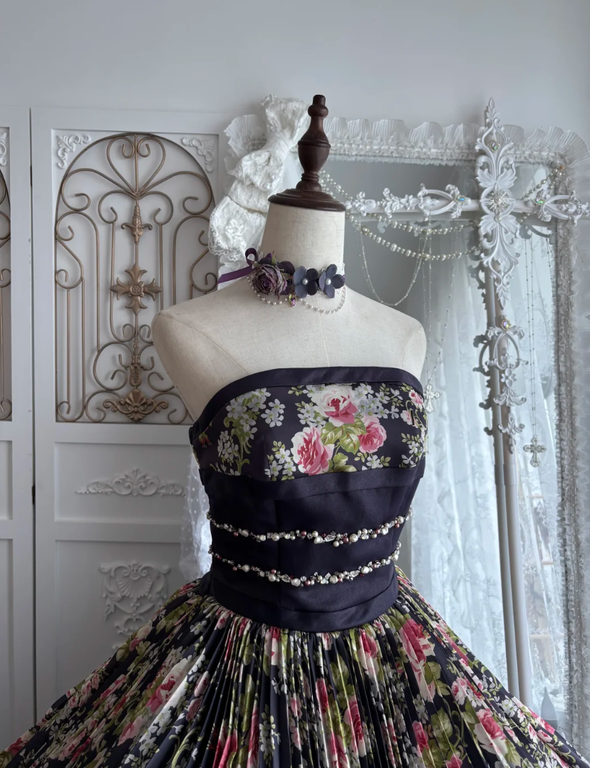Vintage Strapless Floral Prom Dress Black Beads A-Line Evening Dress GG7478