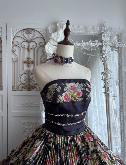 Vintage Strapless Floral Prom Dress Black Beads A-Line Evening Dress GG7478