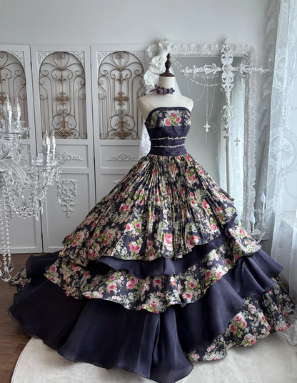 Vintage Strapless Floral Prom Dress Black Beads A-Line Evening Dress GG7478