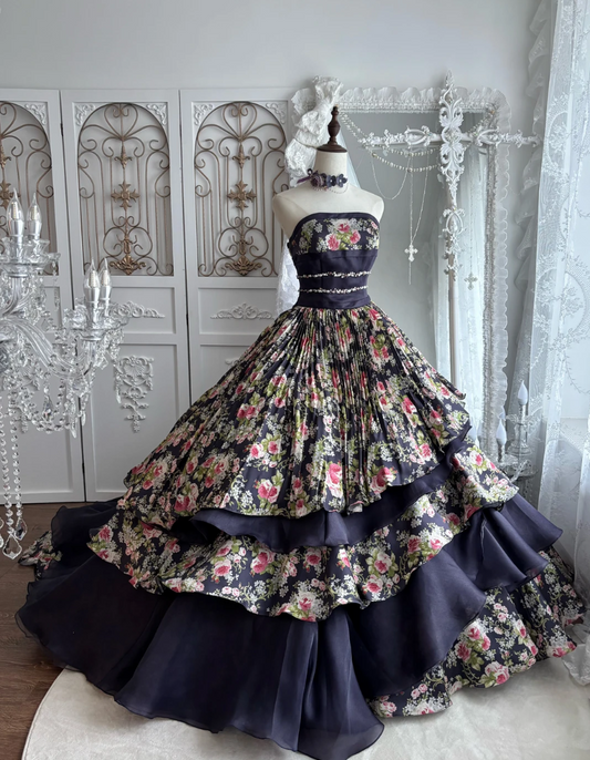 Vintage Strapless Floral Prom Dress Black Beads A-Line Evening Dress GG7478