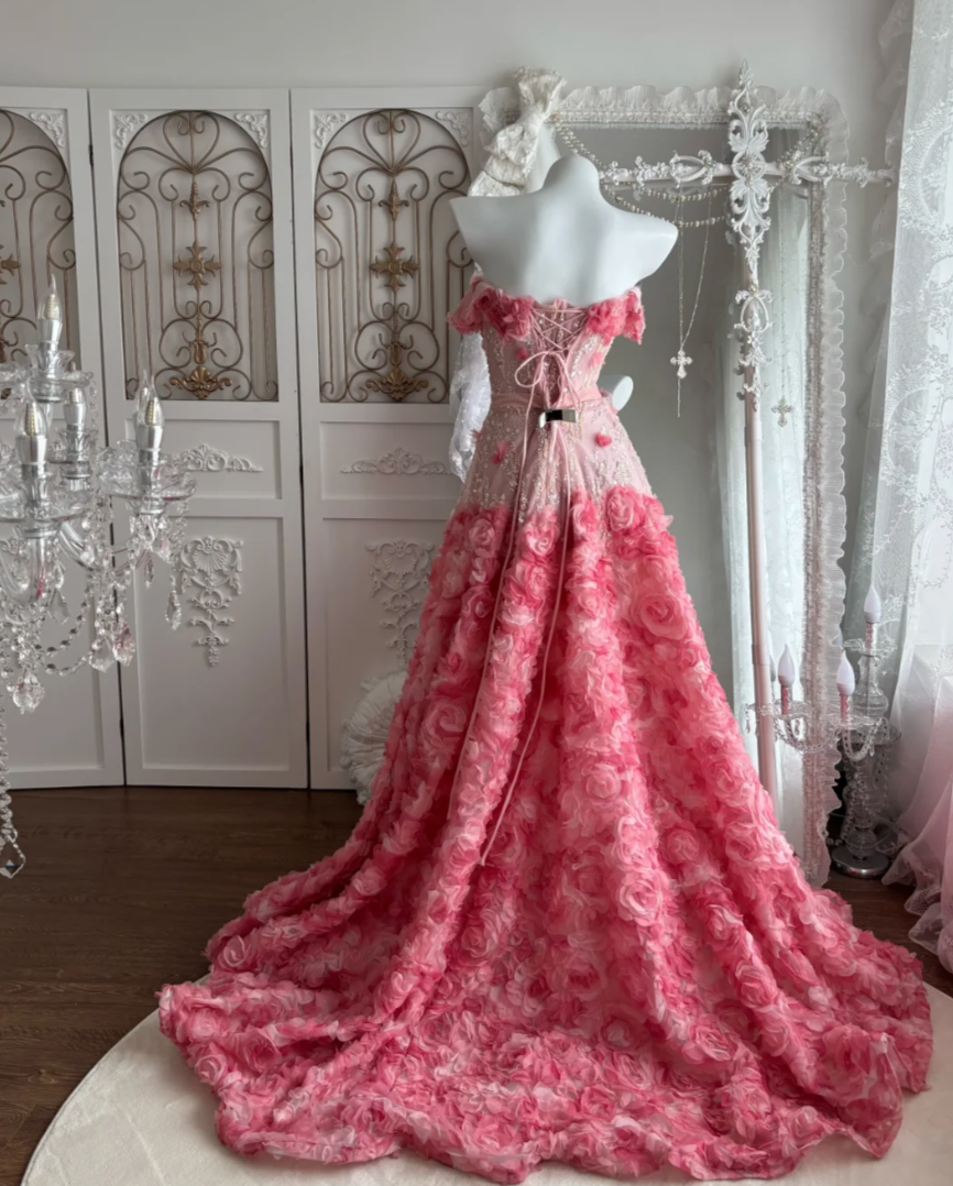 Sweet Strapless Floral Prom Dress Pink Bow Sequins A-Line Evening Dress GG7479