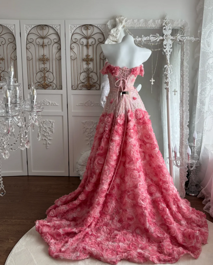 Sweet Strapless Floral Prom Dress Pink Bow Sequins A-Line Evening Dress GG7479