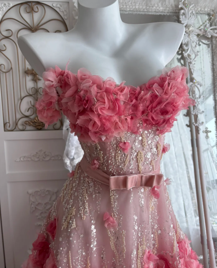 Sweet Strapless Floral Prom Dress Pink Bow Sequins A-Line Evening Dress GG7479