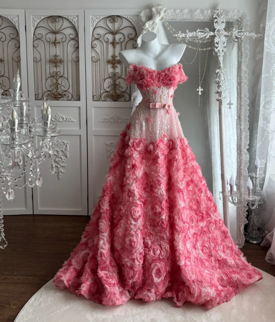 Sweet Strapless Floral Prom Dress Pink Bow Sequins A-Line Evening Dress GG7479