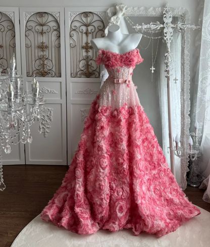 Sweet Strapless Floral Prom Dress Pink Bow Sequins A-Line Evening Dress GG7479