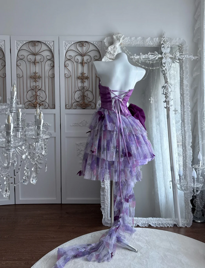 Ornate Strapless Homecoming Dress Purple Sequins Bow Tulle A-Line Birthday Dress GG7481