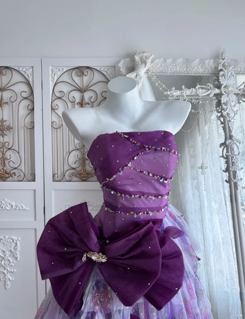 Ornate Strapless Homecoming Dress Purple Sequins Bow Tulle A-Line Birthday Dress GG7481