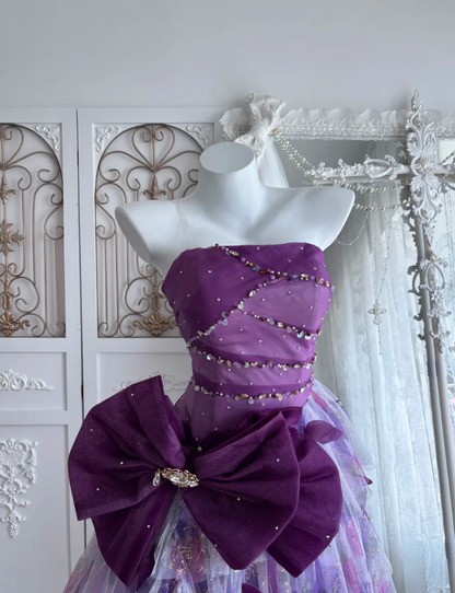 Ornate Strapless Homecoming Dress Purple Sequins Bow Tulle A-Line Birthday Dress GG7481