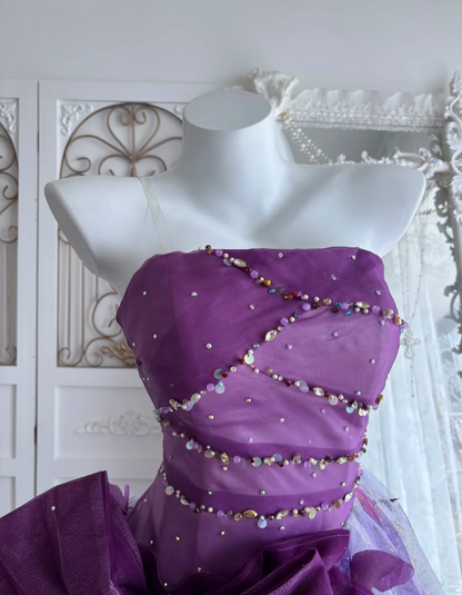 Ornate Strapless Homecoming Dress Purple Sequins Bow Tulle A-Line Birthday Dress GG7481