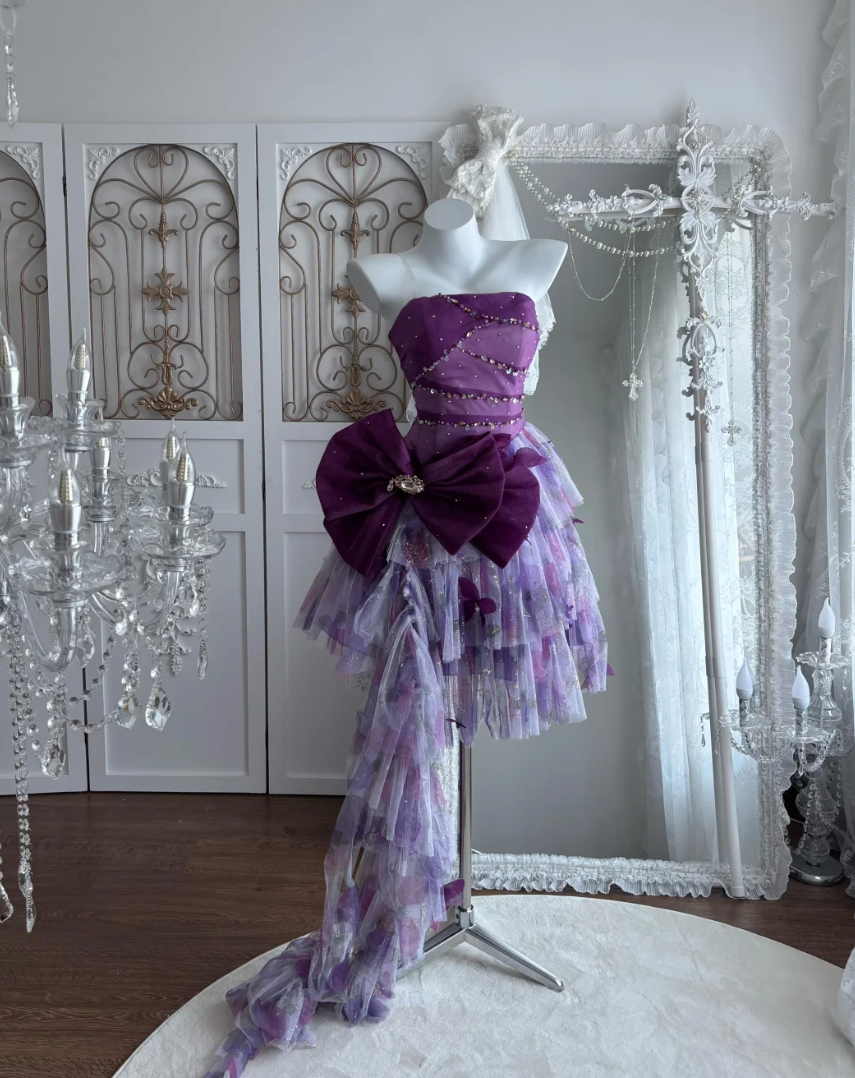 Ornate Strapless Homecoming Dress Purple Sequins Bow Tulle A-Line Birthday Dress GG7481
