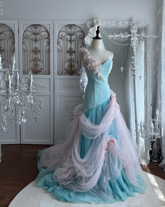 Dreamy One Shoulder Blue Prom Dress Appliques Beading Tulle Mermaid Evening Dress GG7482