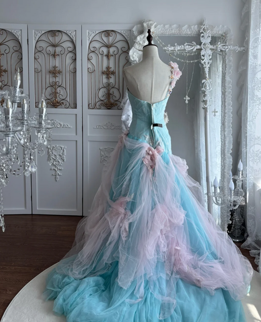 Dreamy One Shoulder Blue Prom Dress Appliques Beading Tulle Mermaid Evening Dress GG7482