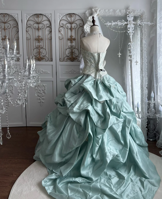 Classical Strapless Green Prom Dress Sequins Tassel Ruffles A-Line Evening Dress GG7483